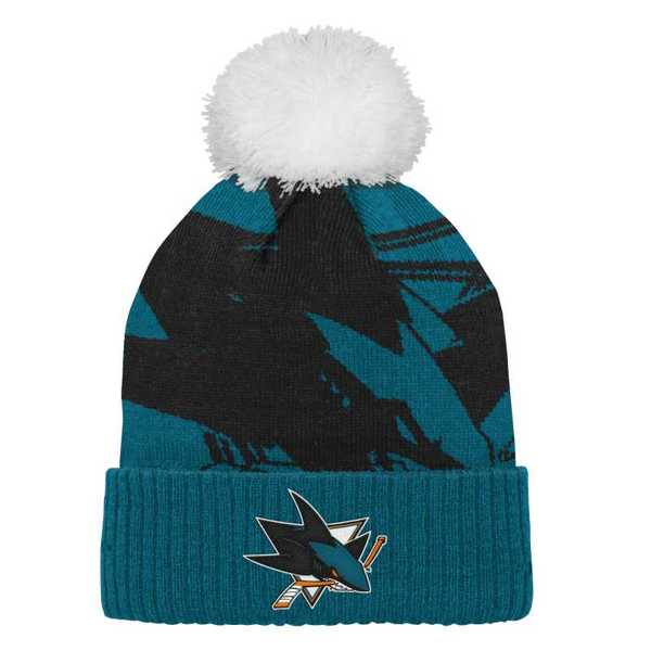 Kid's beanie SJS big-face cuffed pom San Jose Sharks