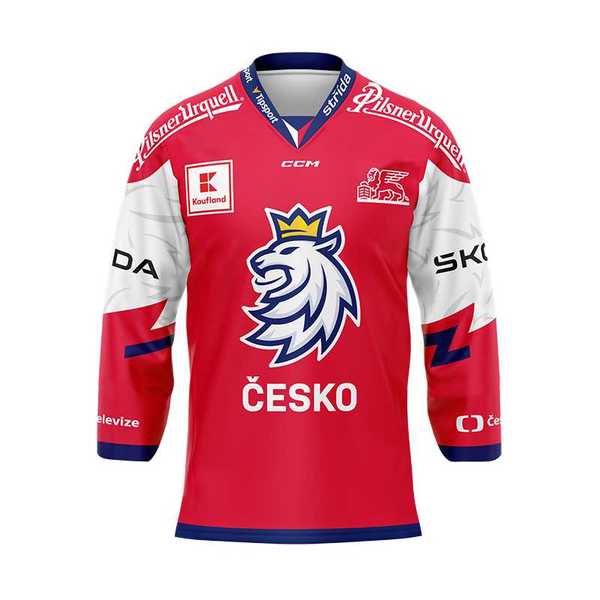 Dres Český hokej se lvem s výšivkou s reklamami červený ČH